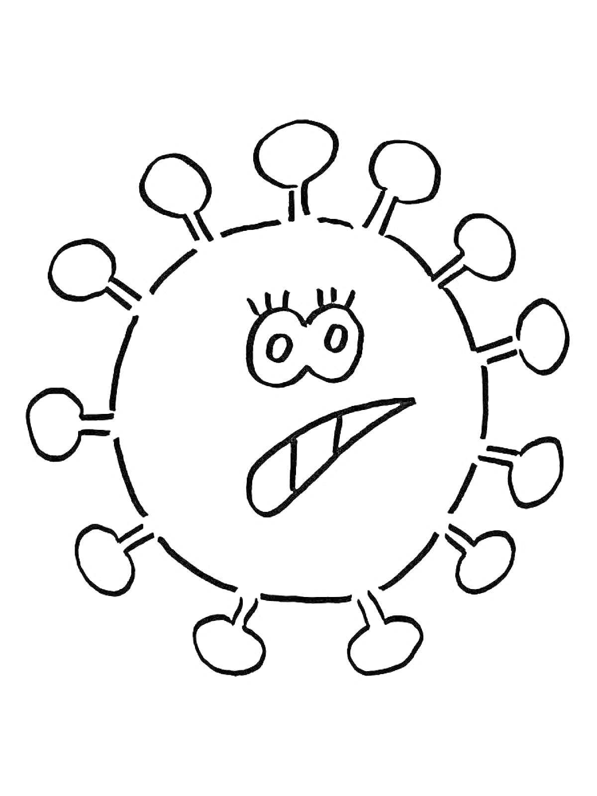 Раскраска Изображение коронавируса с глазами и открытым ртом
