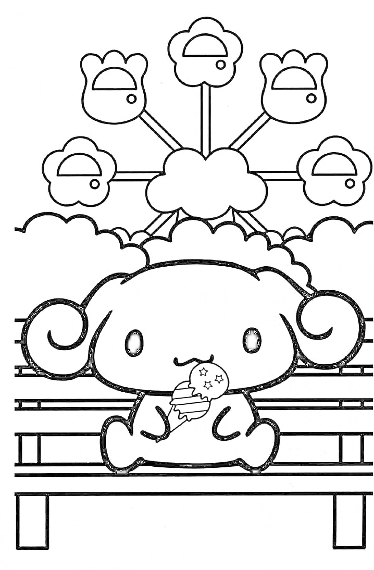Раскраска Май Мелоди на скамейке с мороженым на фоне облаков и яблок