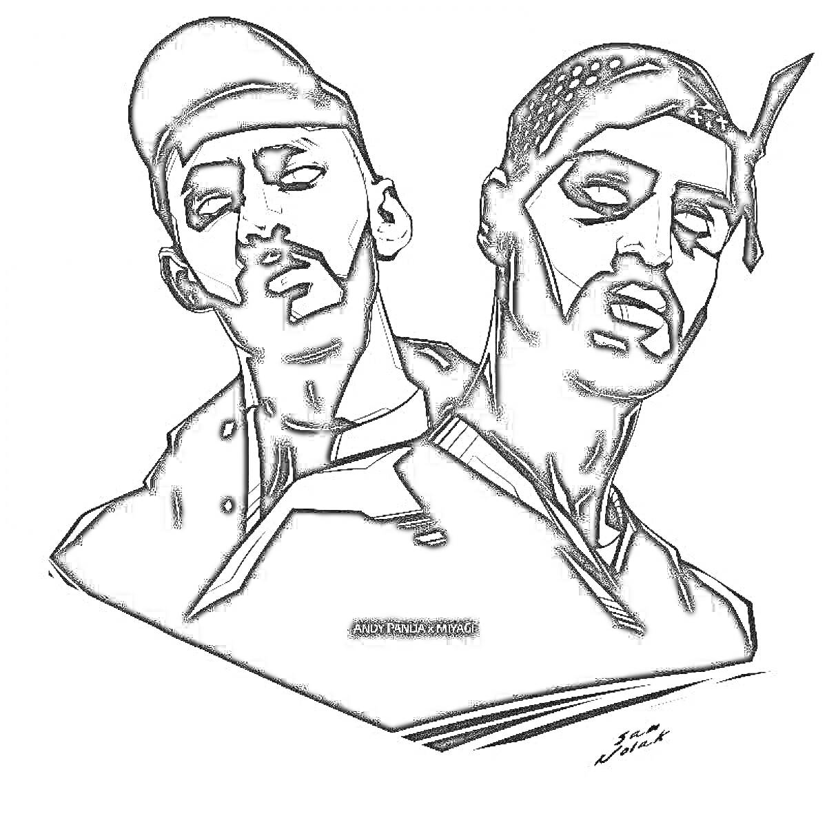 Раскраска Два мужчины в кепке и повязке, черно-белая графика