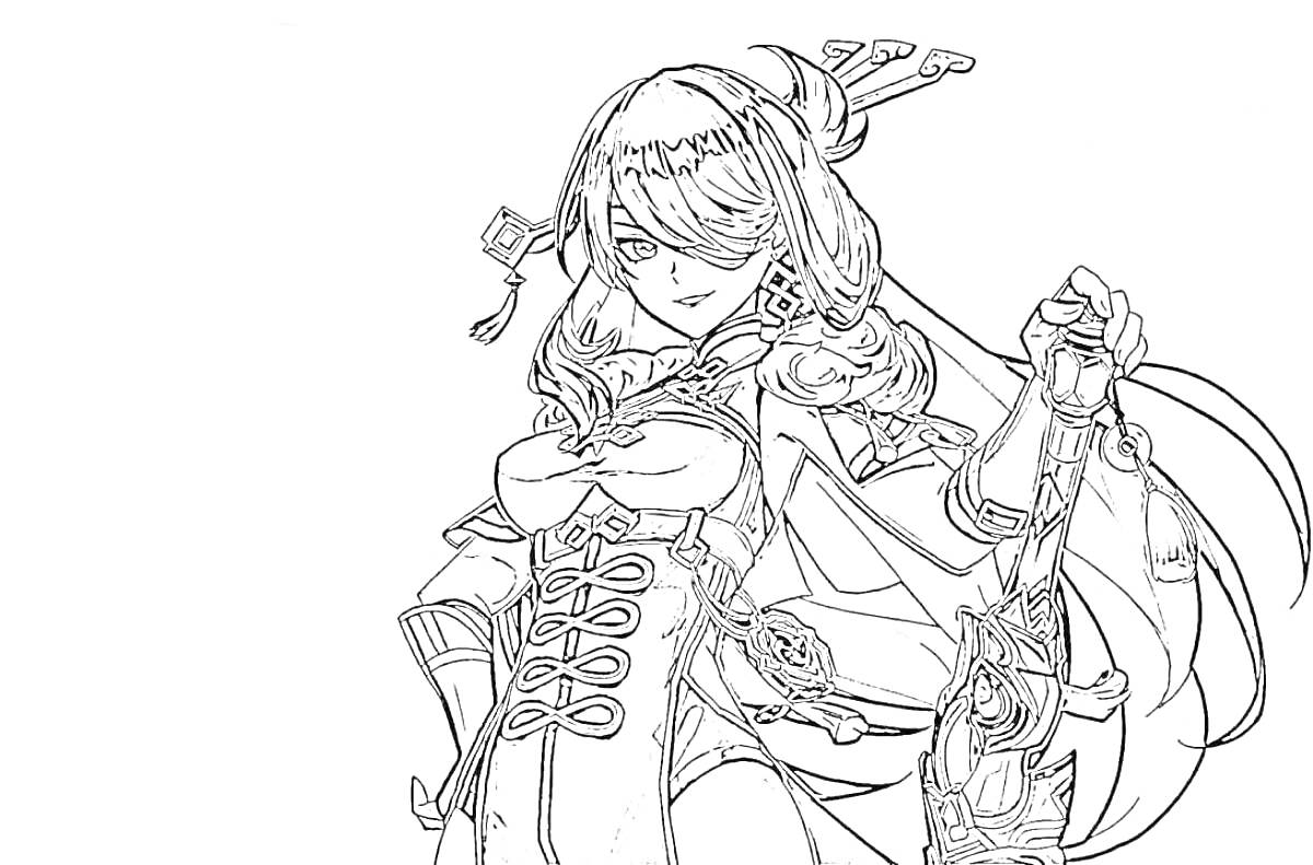 Раскраска Персонаж из Genshin Impact в боевой стойке с аксессуарами, длинные волосы, повязка на глаз, сложное платье с узорами, украшения
