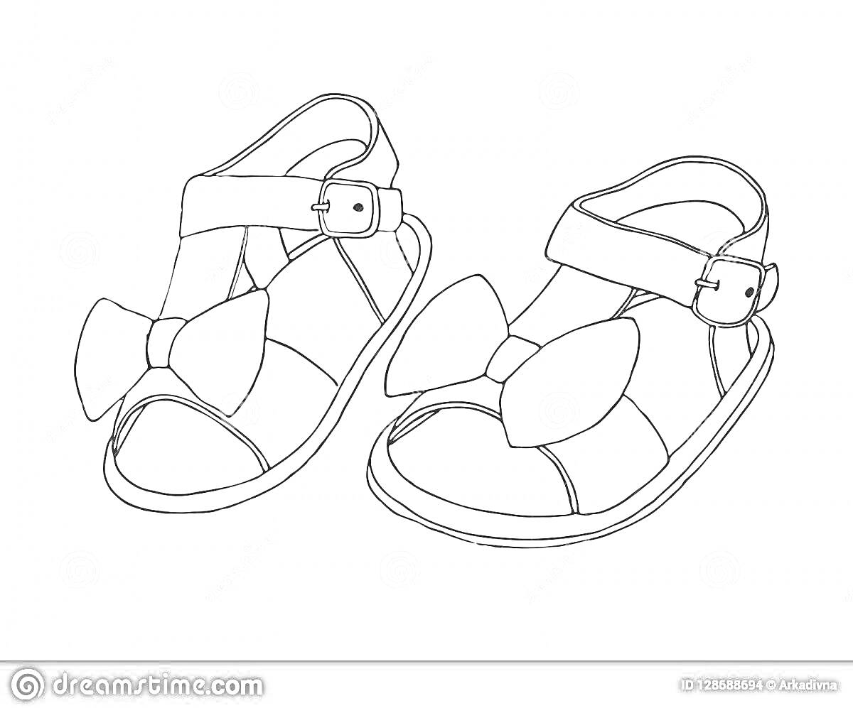 Раскраска Детские сандалии с ремешками и бантиками