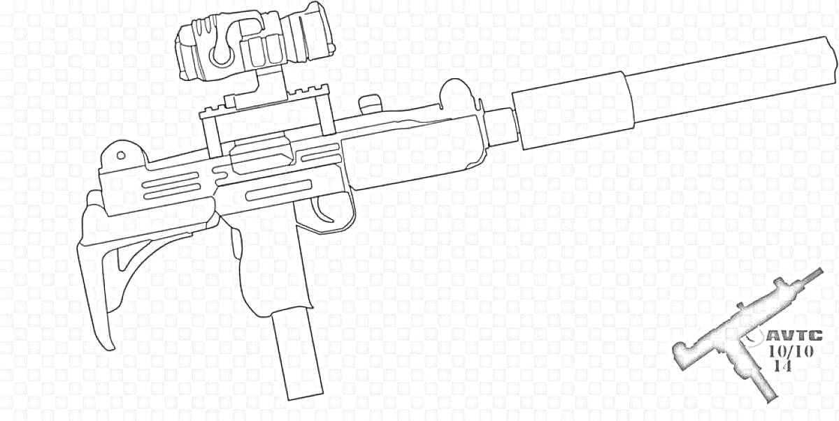 На раскраске изображено: Оружие, Пистолет-пулемет, Прицел, Глушитель
