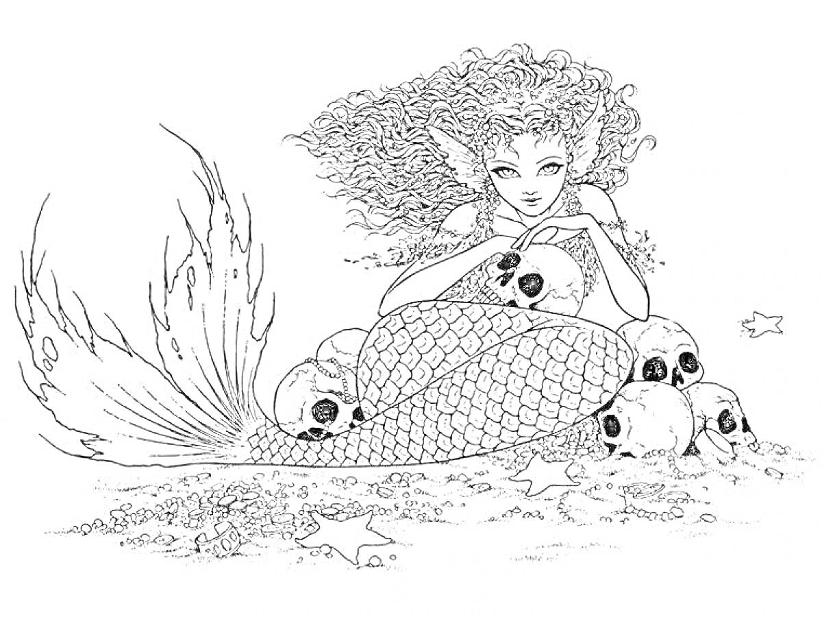 На раскраске изображено: Сирена, Черепа, Морские звезды, Подводный мир, Длинные волосы, Чешуйчатый хвост