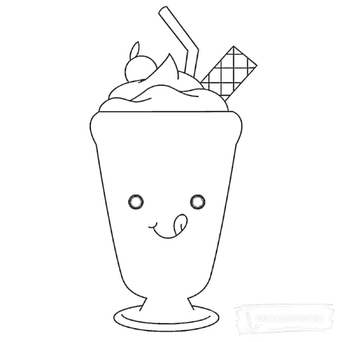 На раскраске изображено: Молочный коктейль, Венчик, Трубочки, Шоколадный батончик, Напиток, Сладости