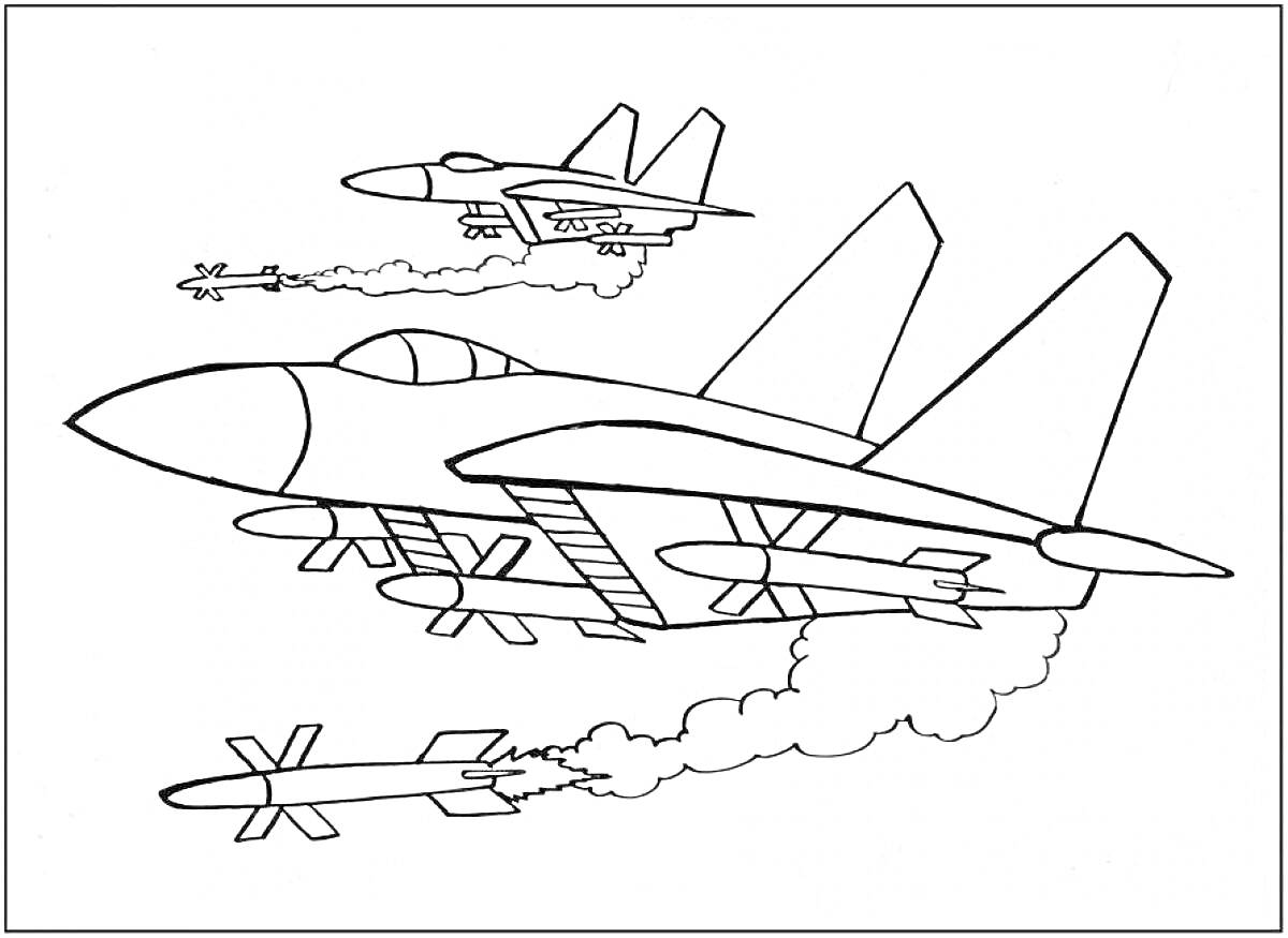 Раскраска Военные самолеты и ракеты в полете