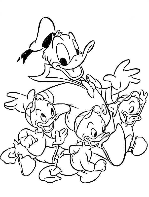 Раскраска Утка в матросском костюме с тремя утятами