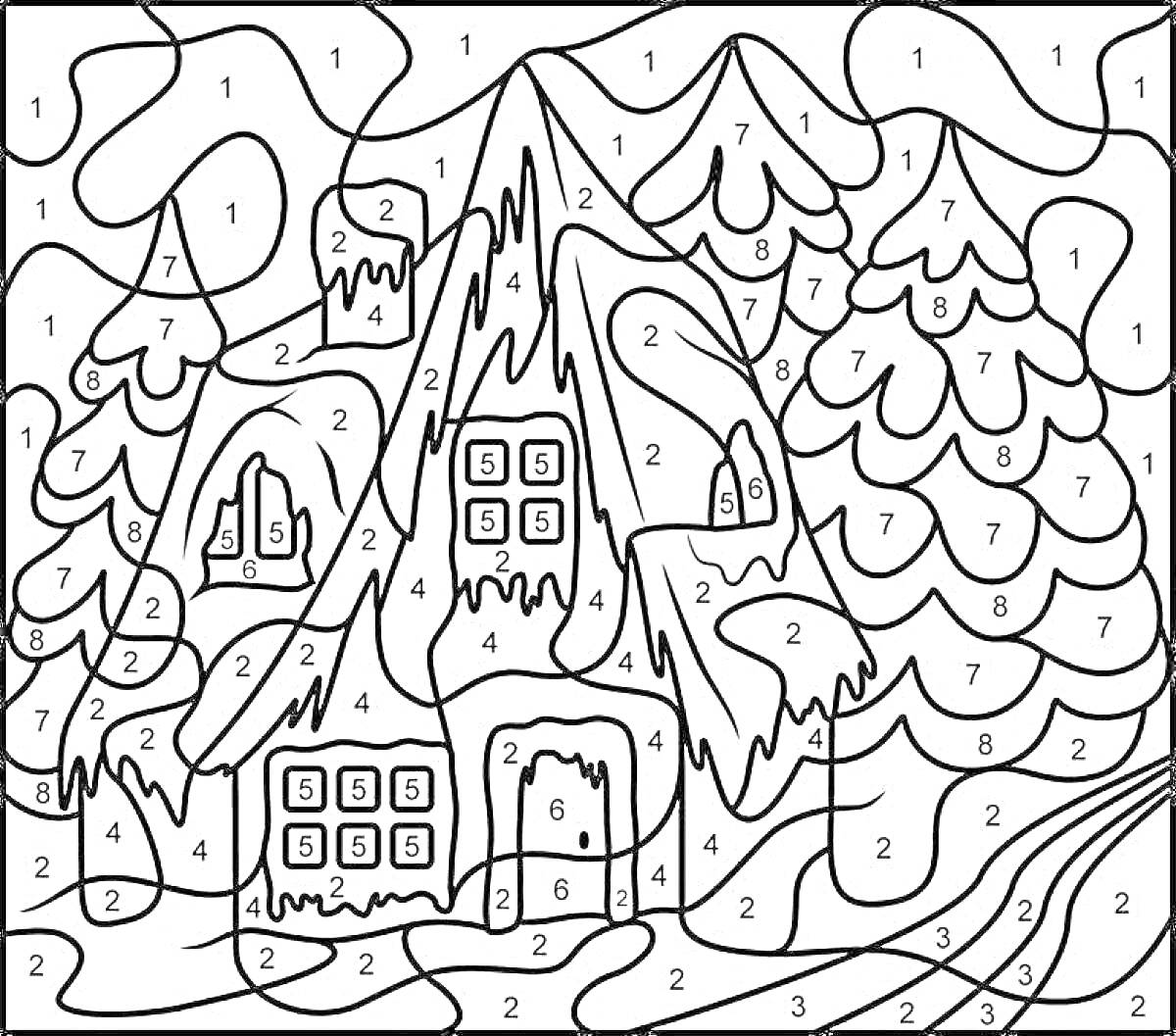 Раскраска Дом, украшенный снегом и льдом, деревья, холмы, дорожка