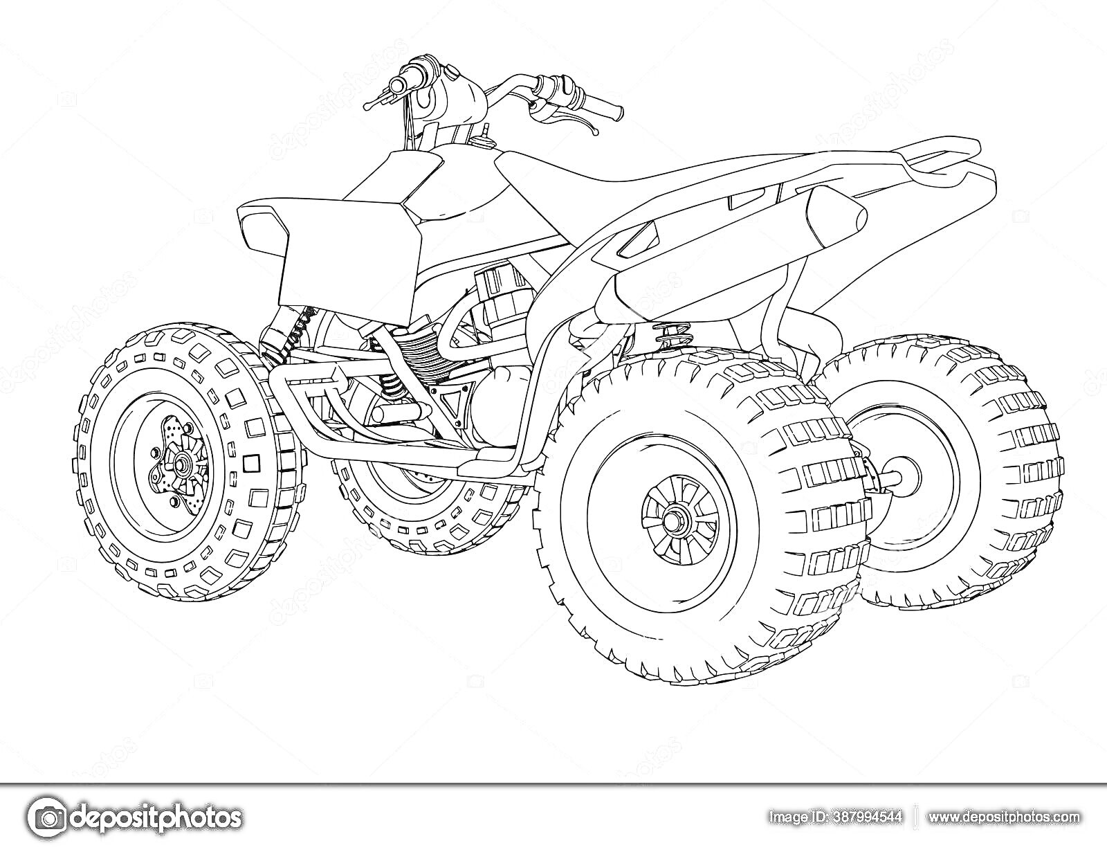 Раскраска Квадроцикл с четырьмя большими колёсами, руль и корпус