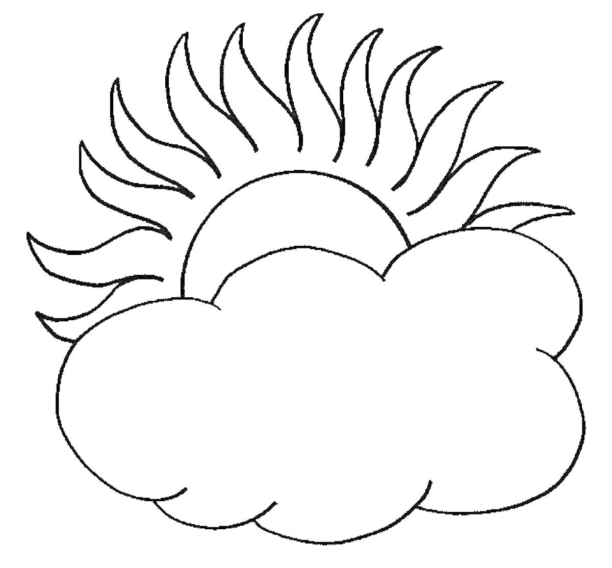 На раскраске изображено: Солнце, Лучи, Облака, Контурные рисунки