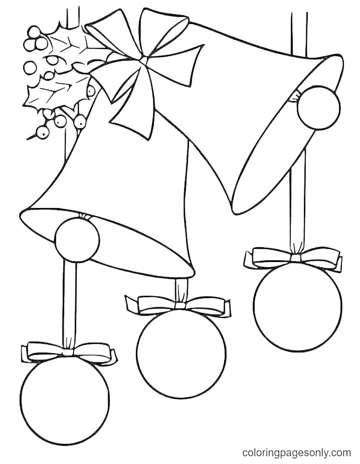 Раскраска Колокольчики и рождественские шары с ленточками и листьями остролиста