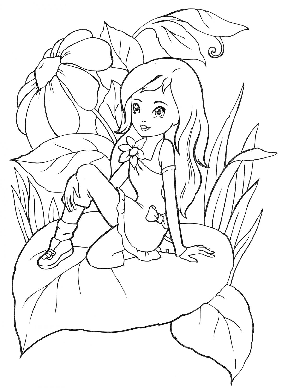 Раскраска Девочка на большом листе с цветами, листьями и травой