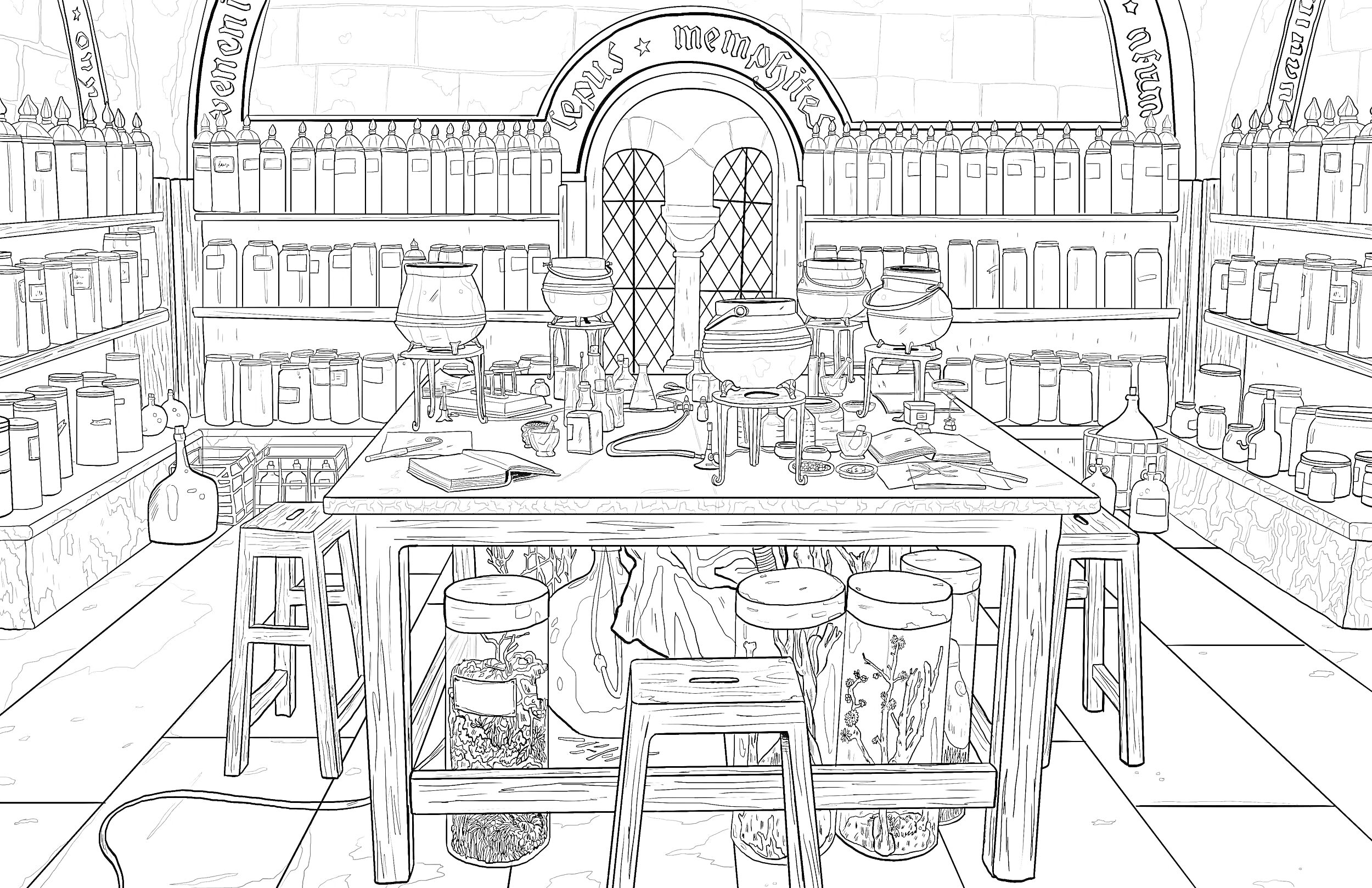 Раскраска Лаборатория зелий в школе чародейства и волшебства - длинный стол с колбами и котлами, стулья, полки с книгами и бутылками, окна с арками