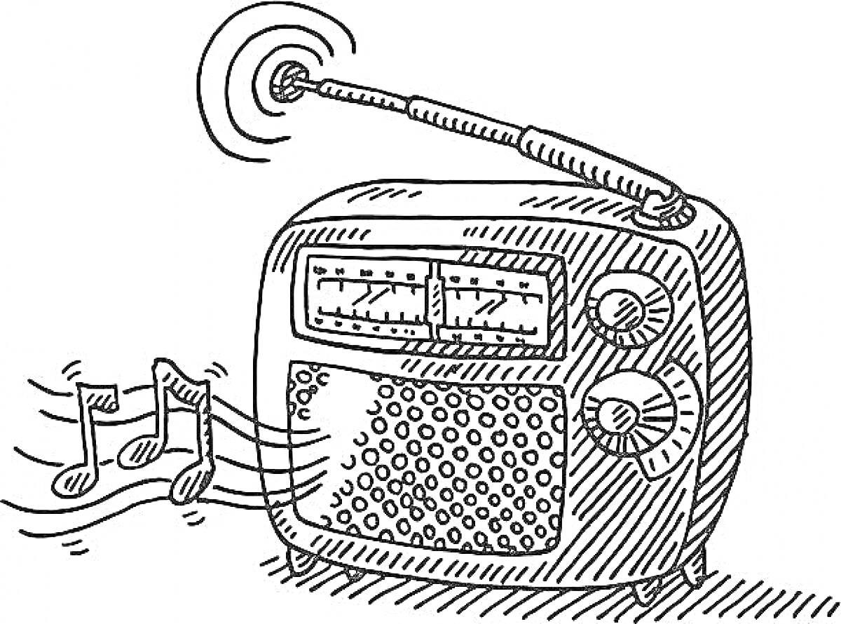 Раскраска Радио с антенной, музыкальными нотами, циферблатами и сеткой динамика