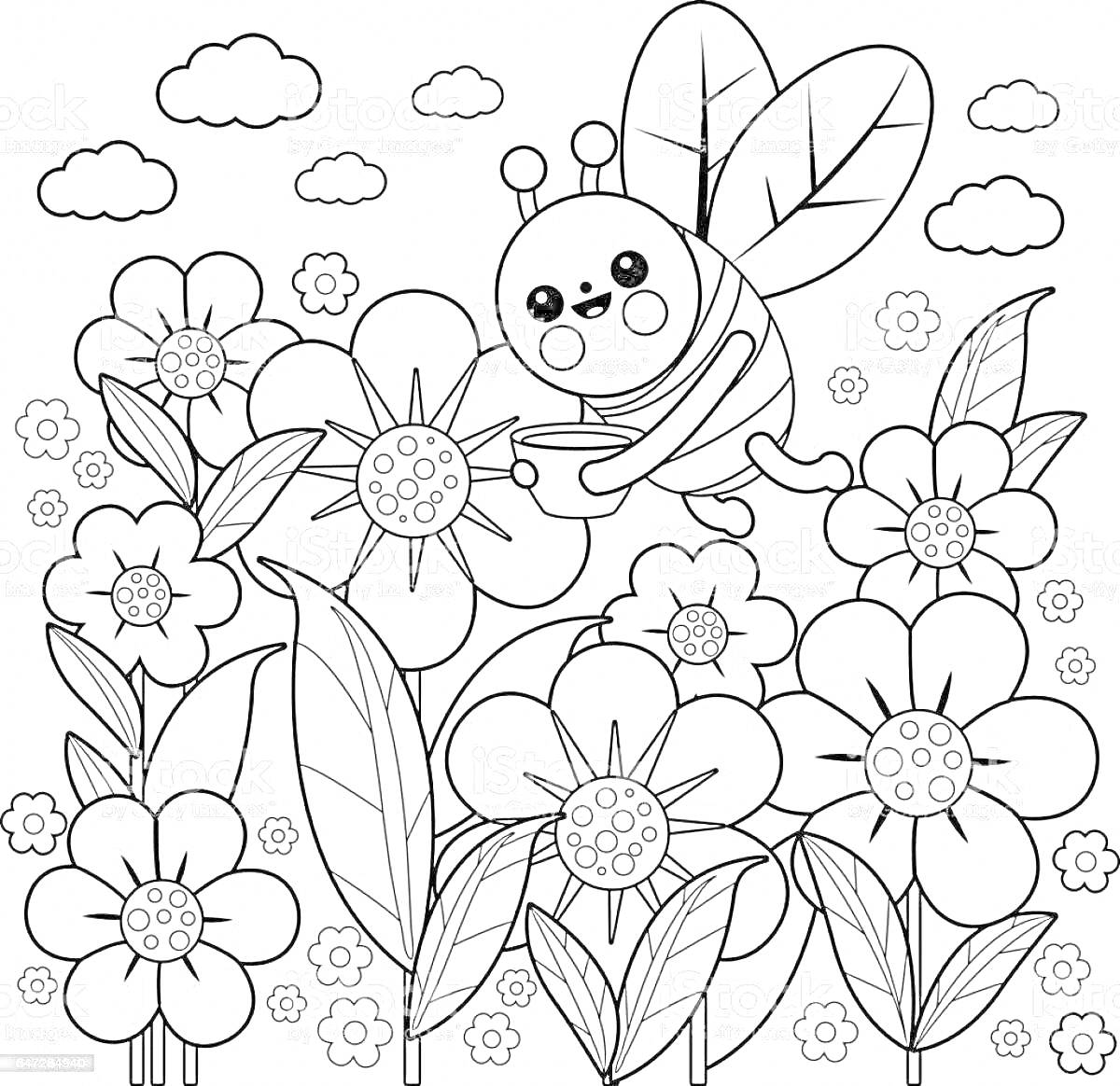 Раскраска Полянка с цветами и пчелка на фоне неба с облаками