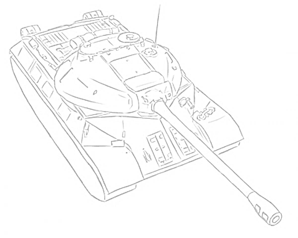 Раскраска Советский тяжёлый танк ИС-7 с пушкой и башней, вид сверху