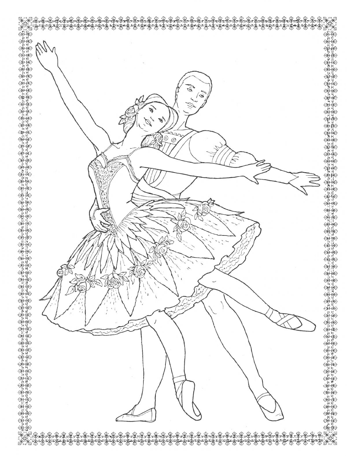 На раскраске изображено: Щелкунчик, Балет, Балерина, Танцор, Цветы, Классический балет