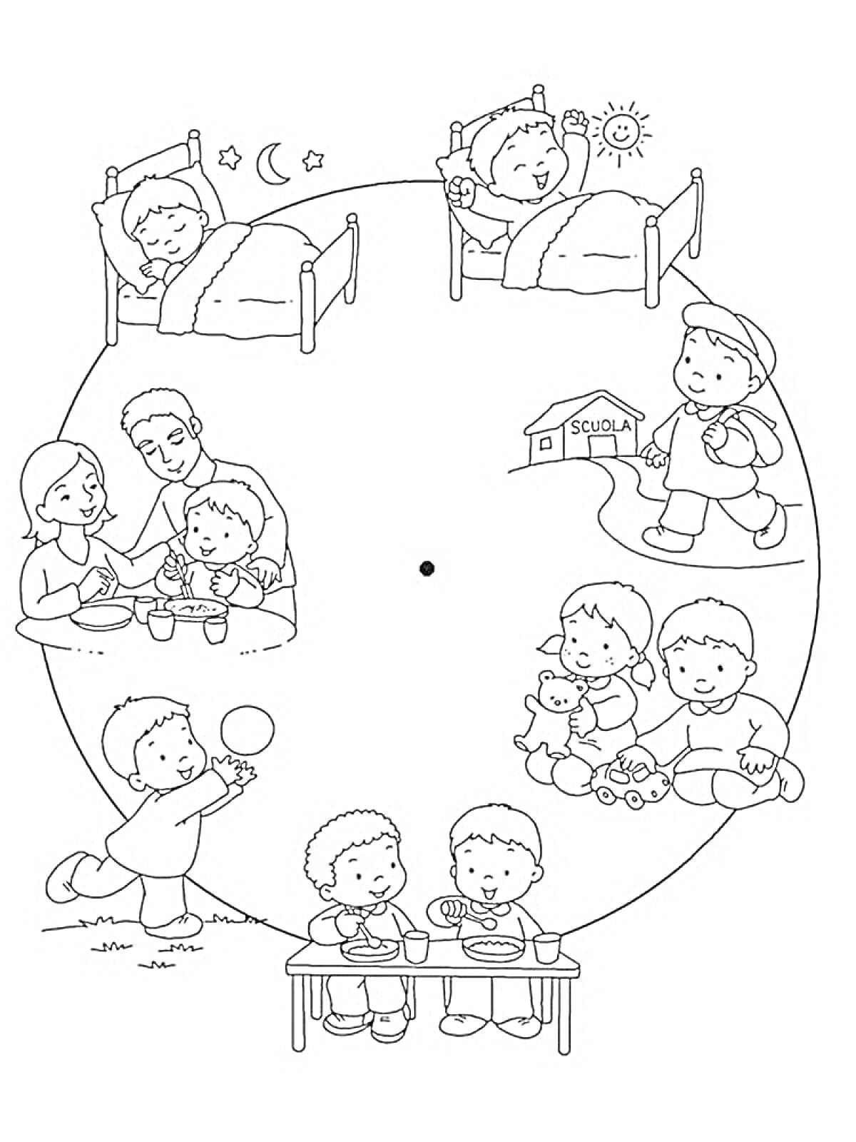 Раскраска Режим дня - сон, пробуждение, поход в школу, завтрак, игры на улице, игра с игрушками, ужин