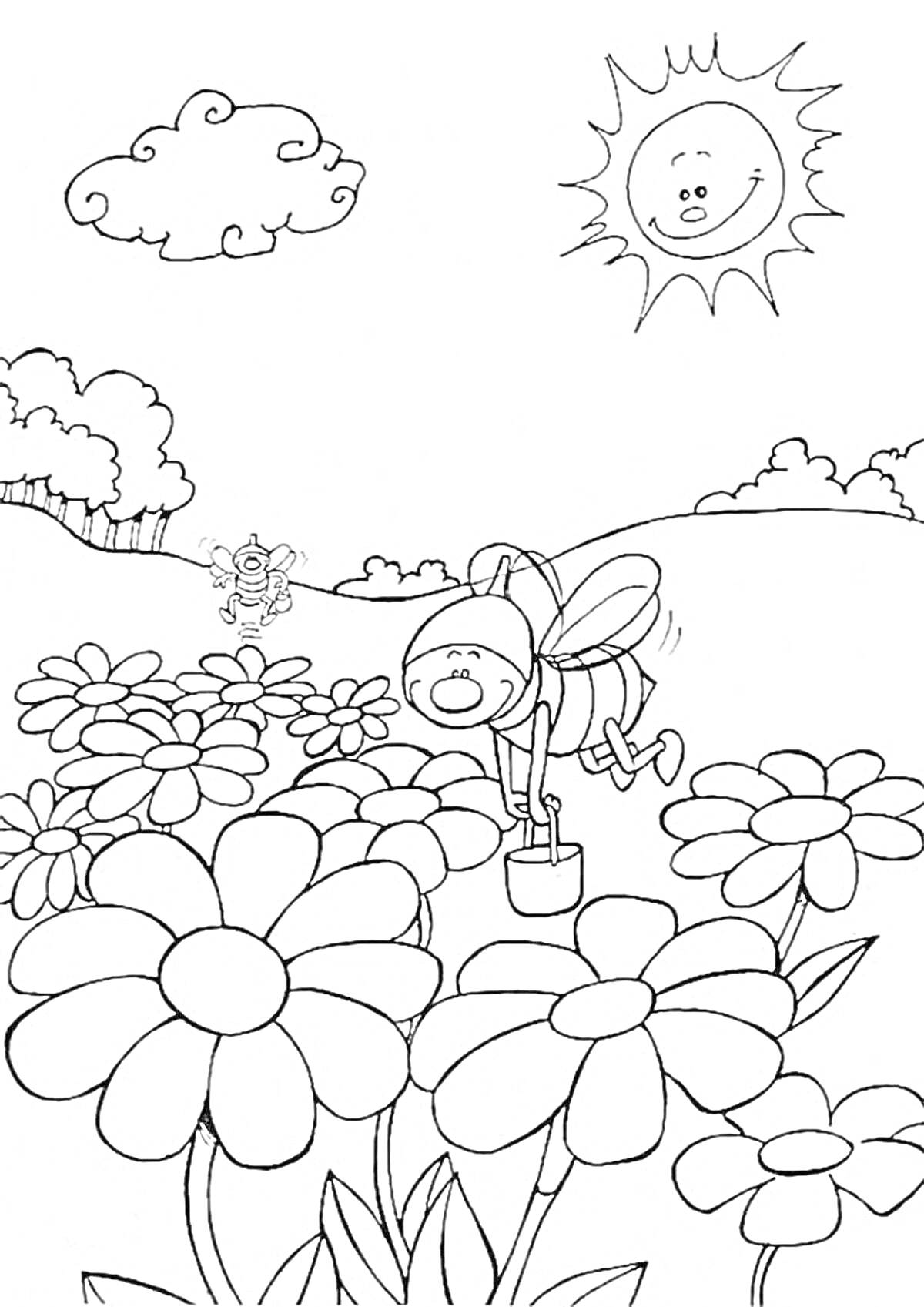На раскраске изображено: Поляна, Цветы, Пчелы, Солнце, Облака, Деревья, Природа, Лето