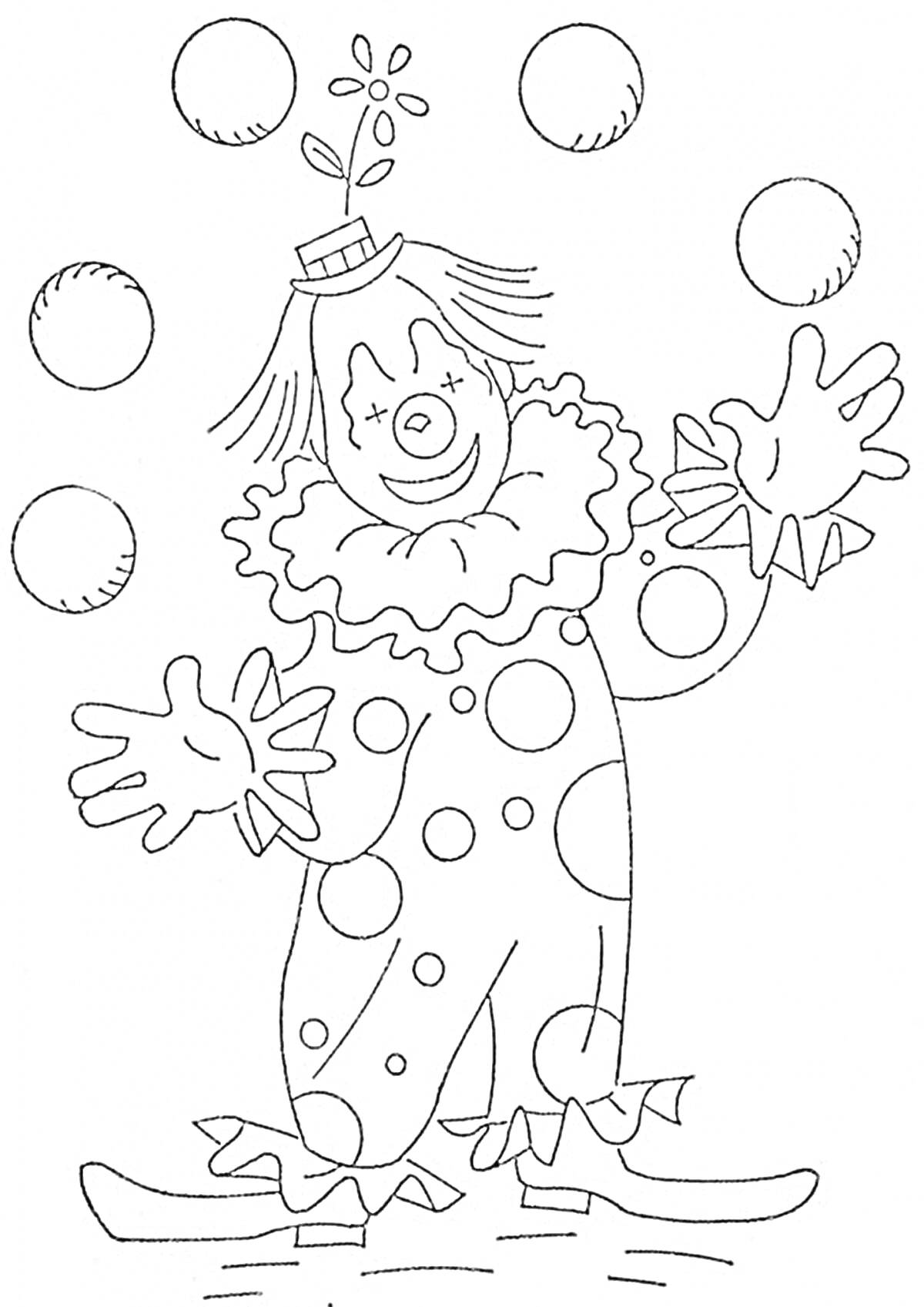 На раскраске изображено: Жонглирование, Мячи, Круглый нос, Смех, Цирк