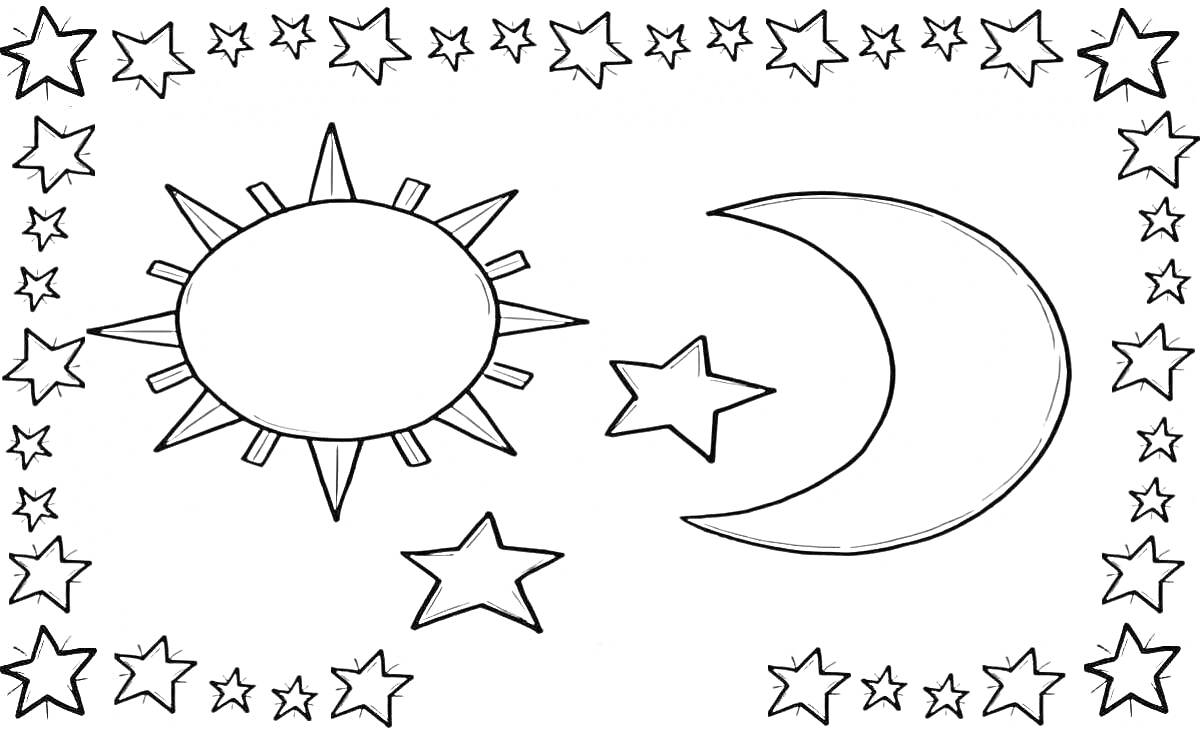 Раскраска Солнце, луна и множество звезд в рамке