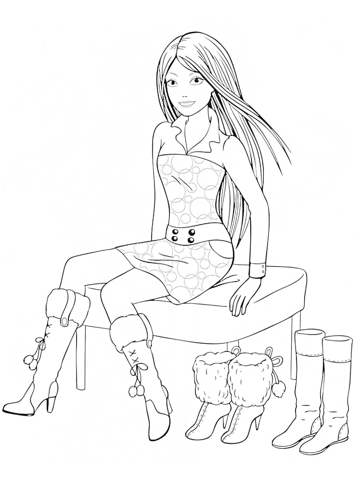 Раскраска Девушка в платье сидит на стуле с длинными волосами, рядом три пары сапог