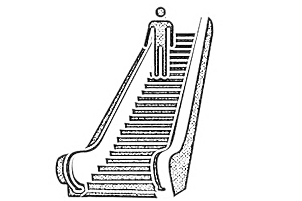 На раскраске изображено: Эскалатор, Человек, Ступени, Поручни, Лестница, Транспортировка