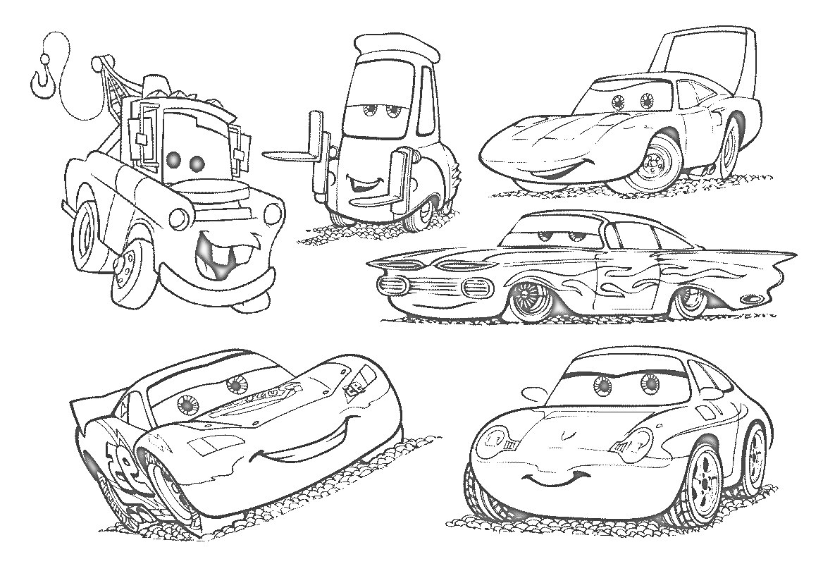 Раскраска Шесть машин с глазами (эвакуатор, грузовик, спортивный автомобиль с открытым капотом, два купе, гоночный автомобиль)