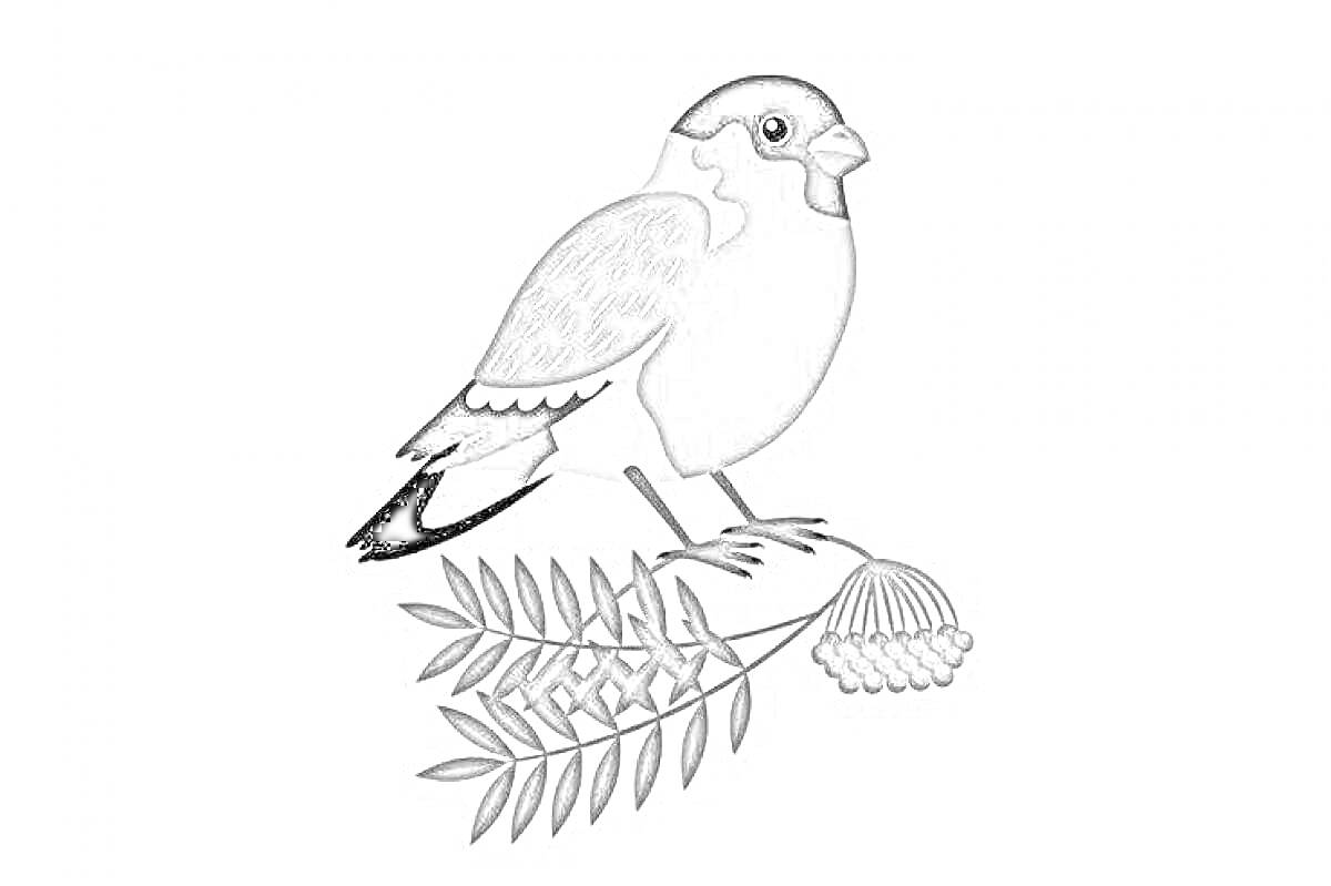 На раскраске изображено: Снегирь, Птица, Рябина, Ветка, Листья, Ягоды