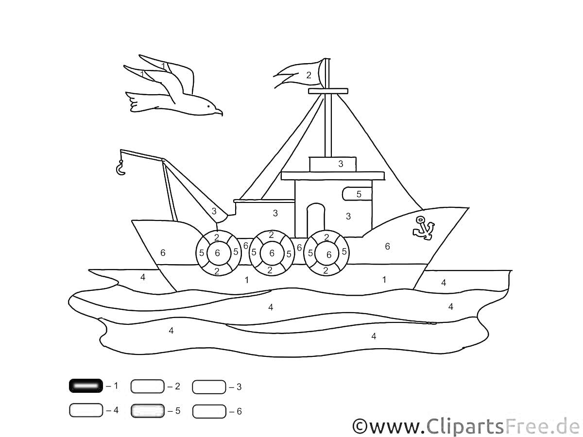 Корабль с номерами для раскрашивания, лодка на волнах, парусник со спасательными кругами, чайка в небе
