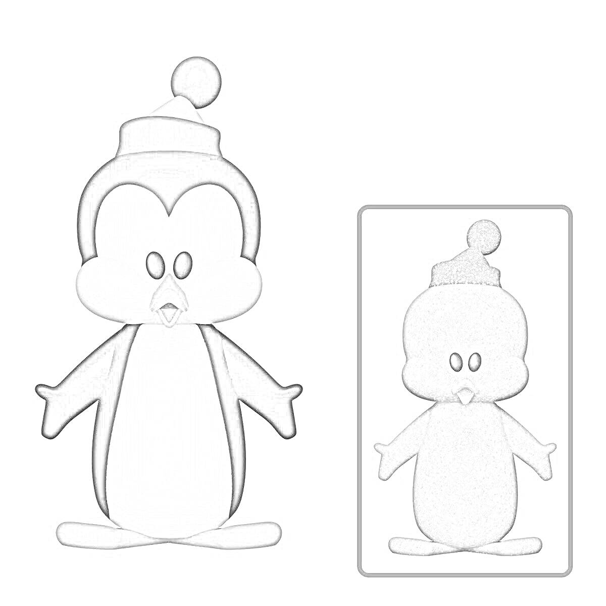 Раскраска Пингвин в шапке с помпоном, фигура с обводкой для раскрашивания