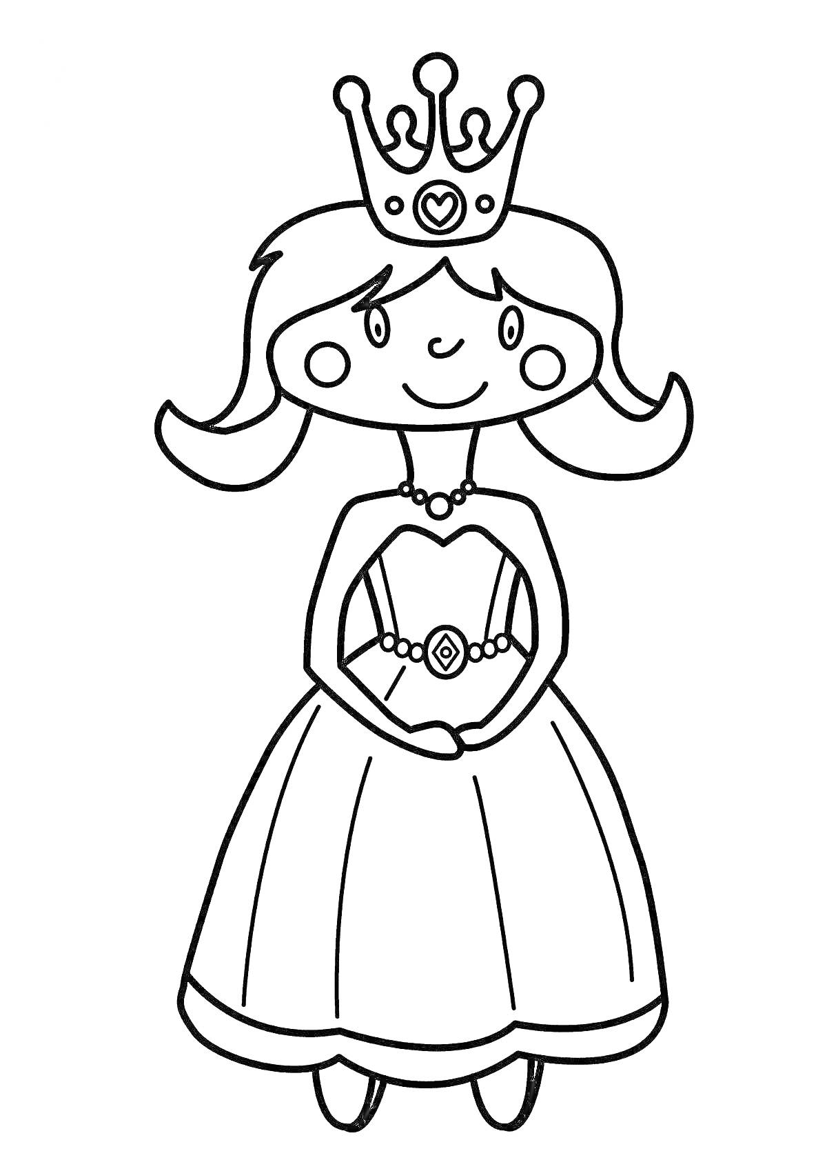 Раскраска Принцесса с короной, в платье с поясом и украшением в форме сердца, с волосами и туфельками