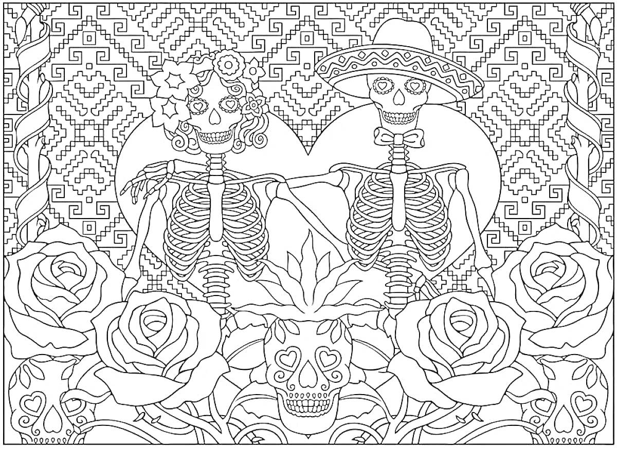 Раскраска Скелеты в сомбреро и с цветами, окруженные розами и узорами, на фоне сердец