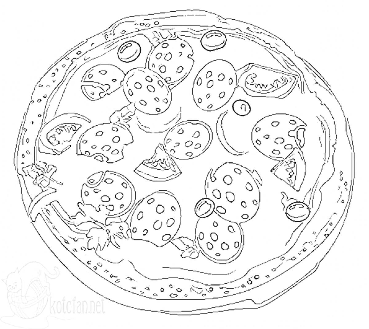 Раскраска Пицца с колбасой, помидорами и оливками