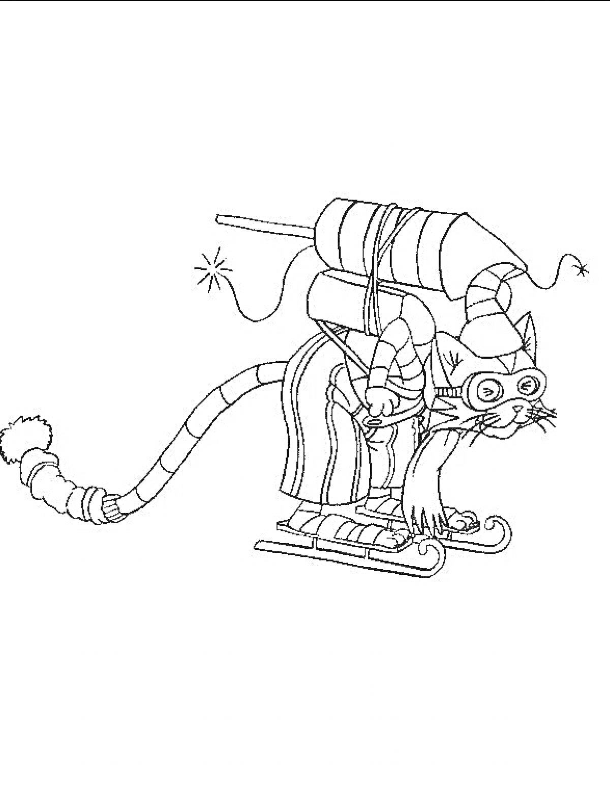 Раскраска Кот Финдус на лыжах с рюкзаком и фейерверком