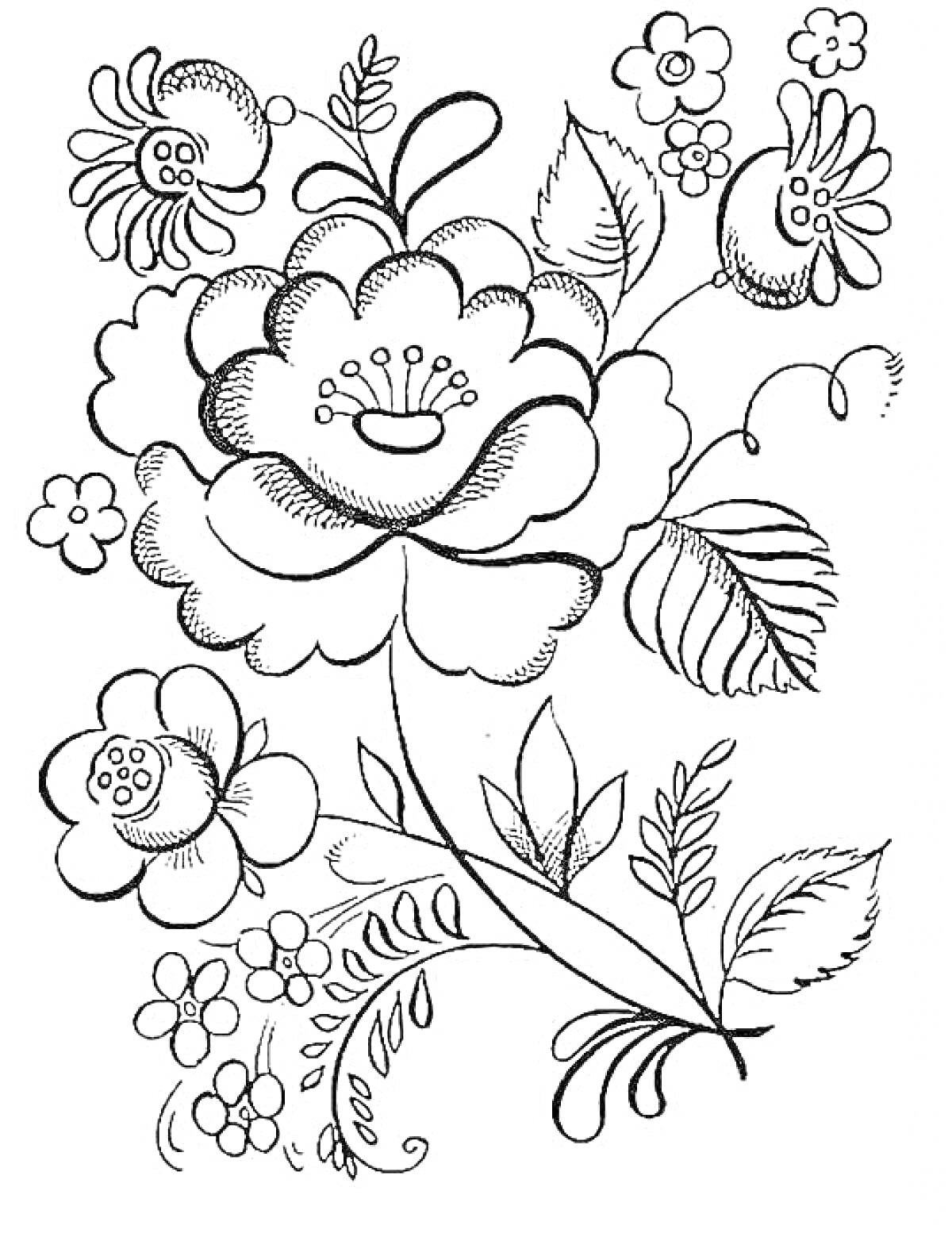 Раскраска Цветочный рисунок в стиле Гжель с большими и маленькими цветами, листьями и завитками