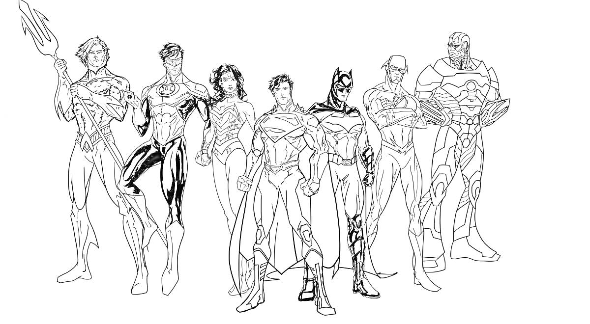 Раскраска Группа супергероев с оружием и в костюмах, стоят в ряд