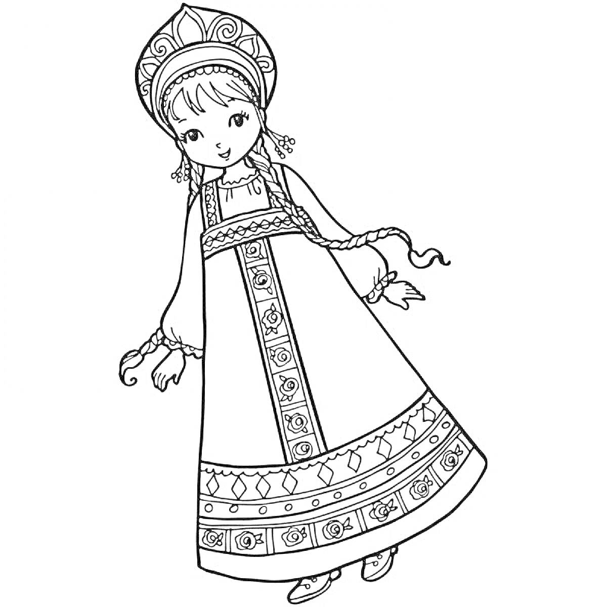 На раскраске изображено: Русский народный костюм, Девочка, Кокошник, Сарафан, Этнический стиль, Традиционная одежда, Народное искусство