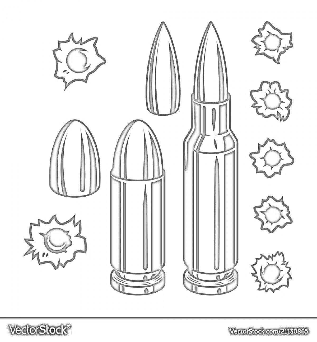 На раскраске изображено: Выстрел, Оружие, Боеприпасы, Контурные рисунки