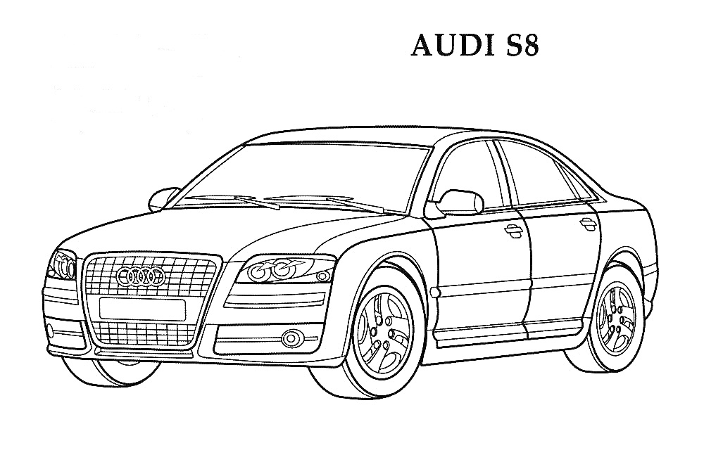 Раскраска Раскраска автомобиля Audi S8 с четырьмя дверями, вид сбоку спереди, оформление линий для заполнения цветом.