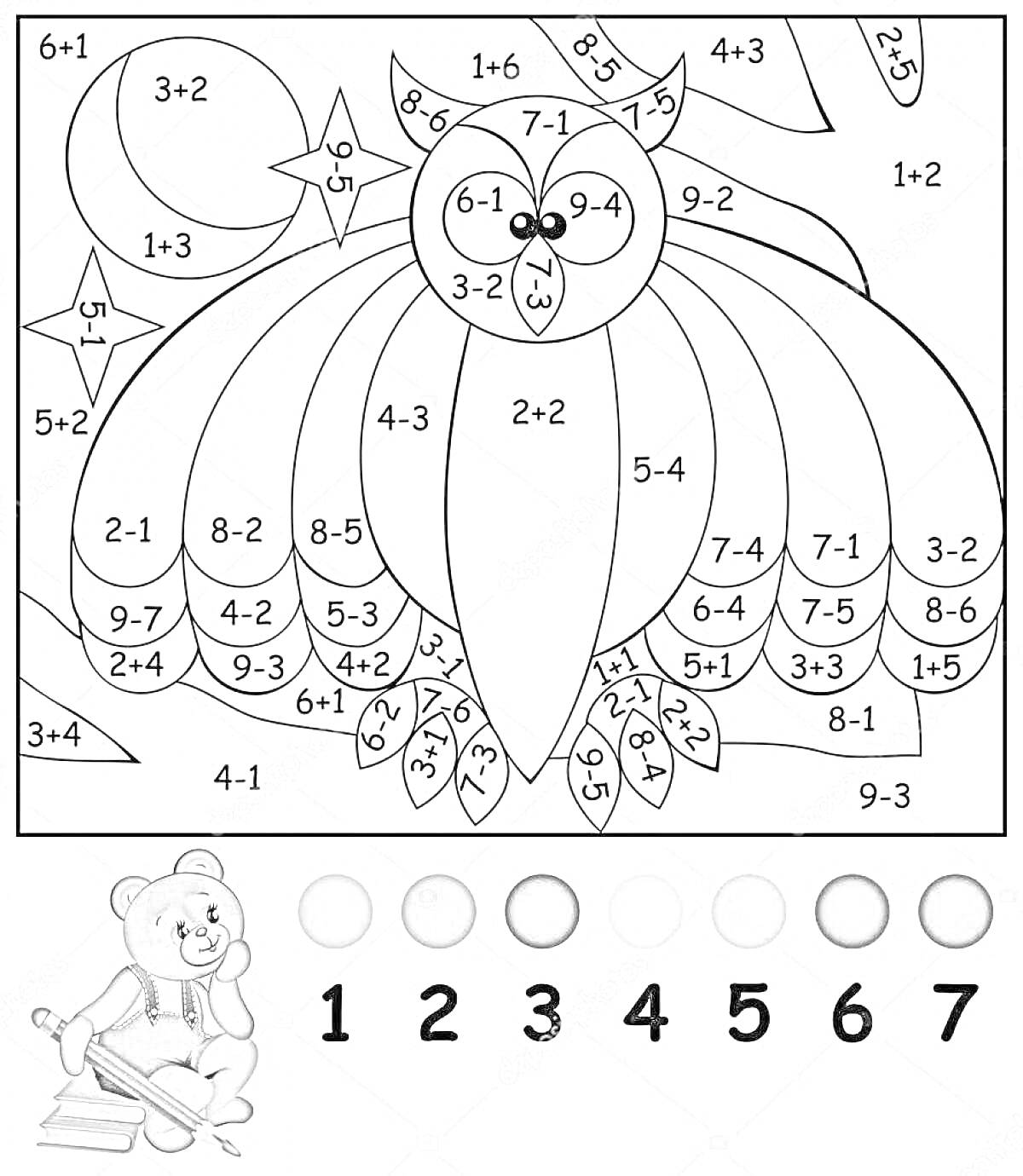Раскраска Сова на фоне ночного неба с цифрами и уравнениями для раскрашивания по номерам