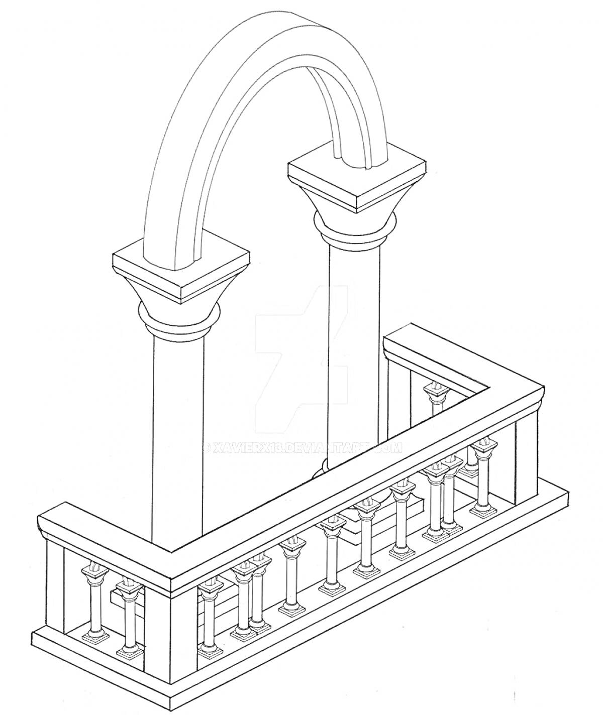 Раскраска Балкон с арочной колонной и балюстрадой