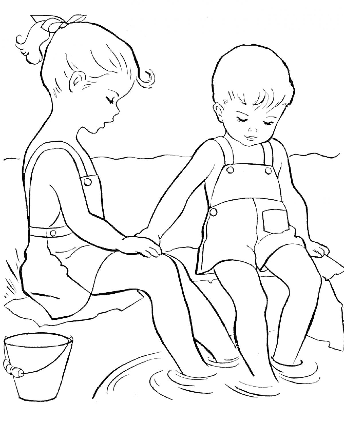 Раскраска Девочка и мальчик, сидящие на берегу и опустившие ноги в воду, рядом с ведром