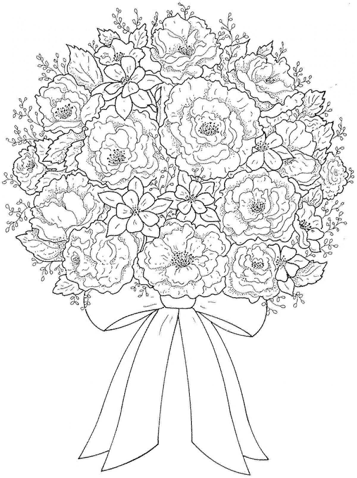 На раскраске изображено: Цветы, Пионы, Лилии, Мелкие цветы, Лента, Для мамы