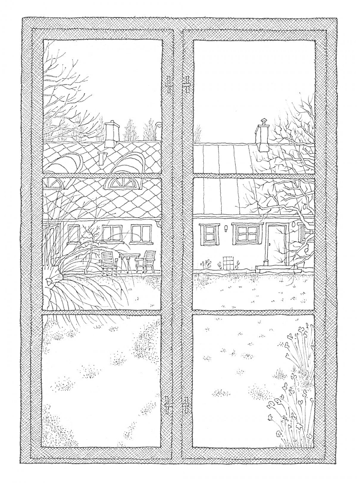 Раскраска Вид из окна на зимний дворик с домом, деревьями и кустами