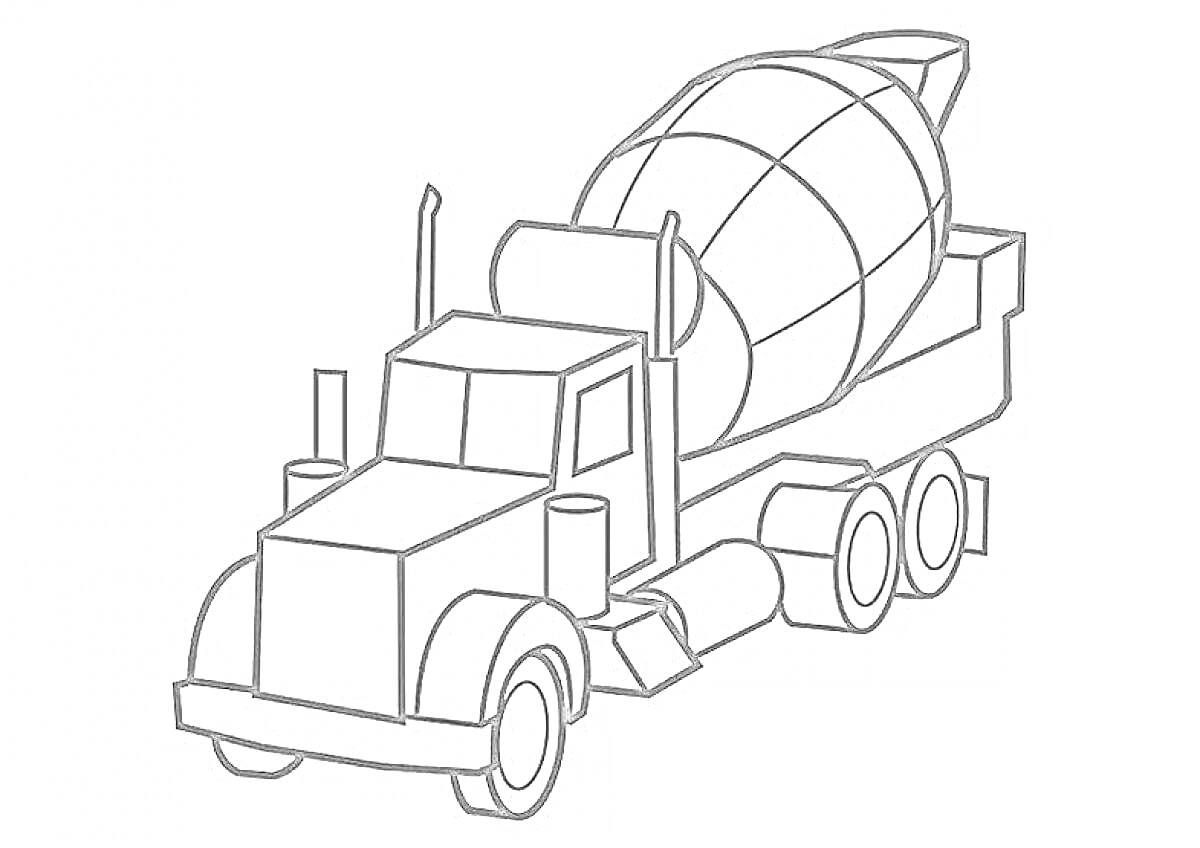 Раскраска Бетономешалка с кузовом и вращающимся барабаном для смешивания бетона