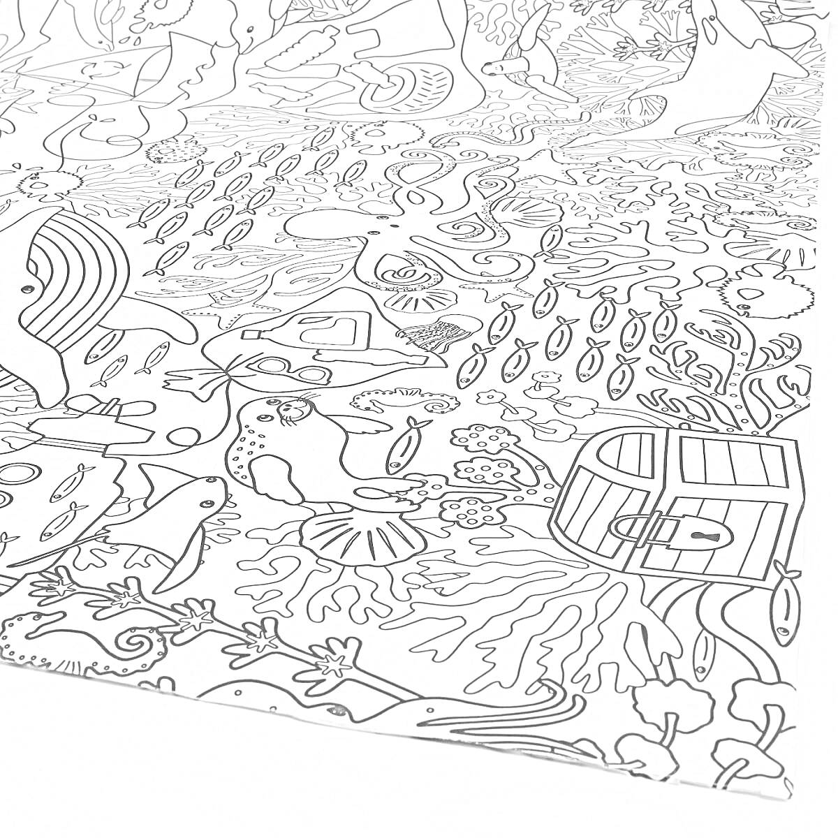 На раскраске изображено: Подводный мир, Кораллы, Сундук с сокровищами, Водоросли, Море