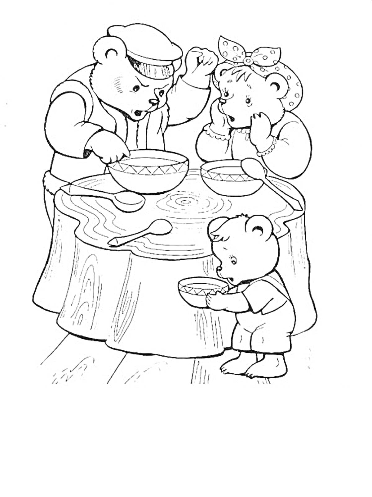 Раскраска Три медведя за столом с мисками и ложками