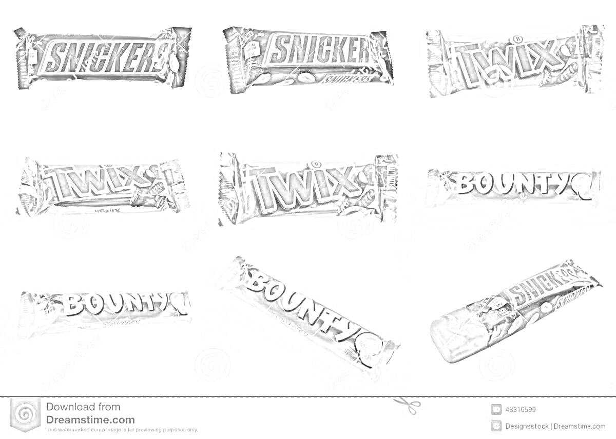 Раскраска 3 упаковки Snickers, 3 упаковки Twix, 3 упаковки Bounty
