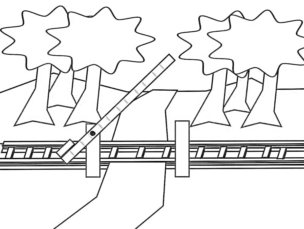 На раскраске изображено: Железнодорожный переезд, Шлагбаум, Железнодорожные пути, Деревья, Поезд
