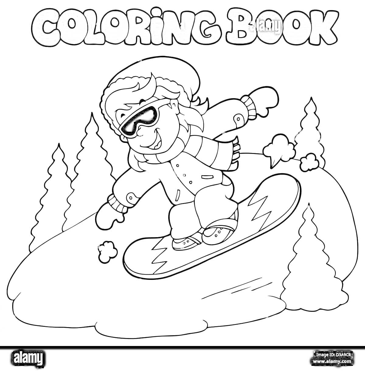 Раскраска Сноубордист в шапке и очках на склоне среди сосен